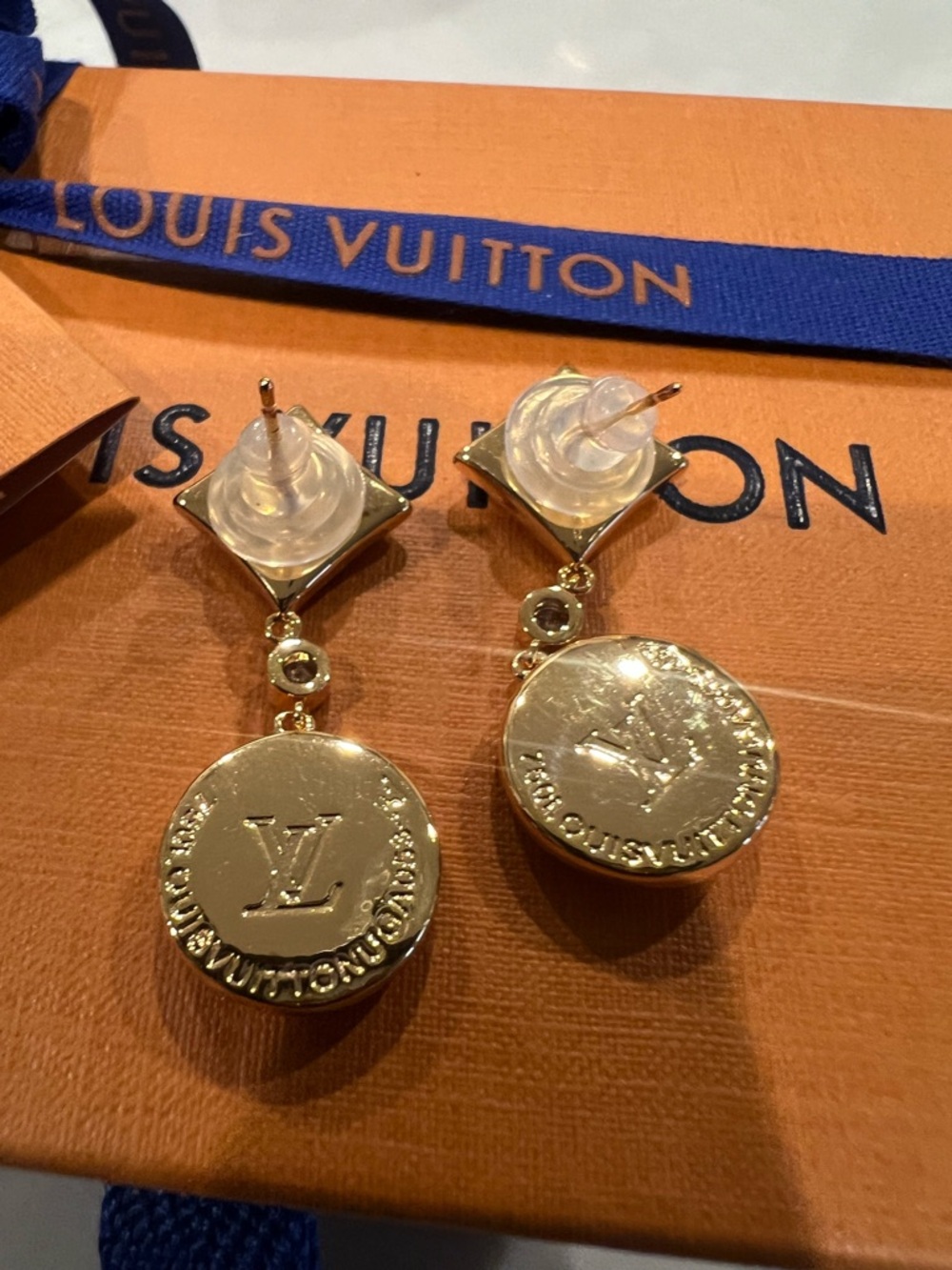 Louis Vuitton Gold Coin Drop Earrings with LV Medallions and Crystal Accent
